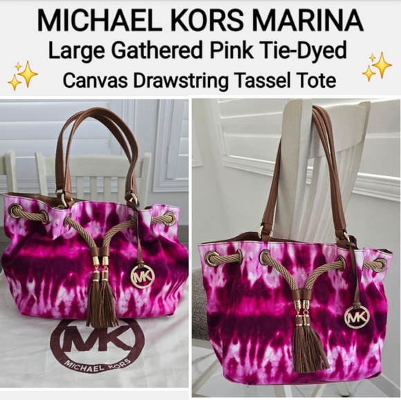 Michael Kors Handbags - MICHAEL KORS MARINA Large Gathered Pink Tie-Dyed Canvas Drawstring Tassel Bag